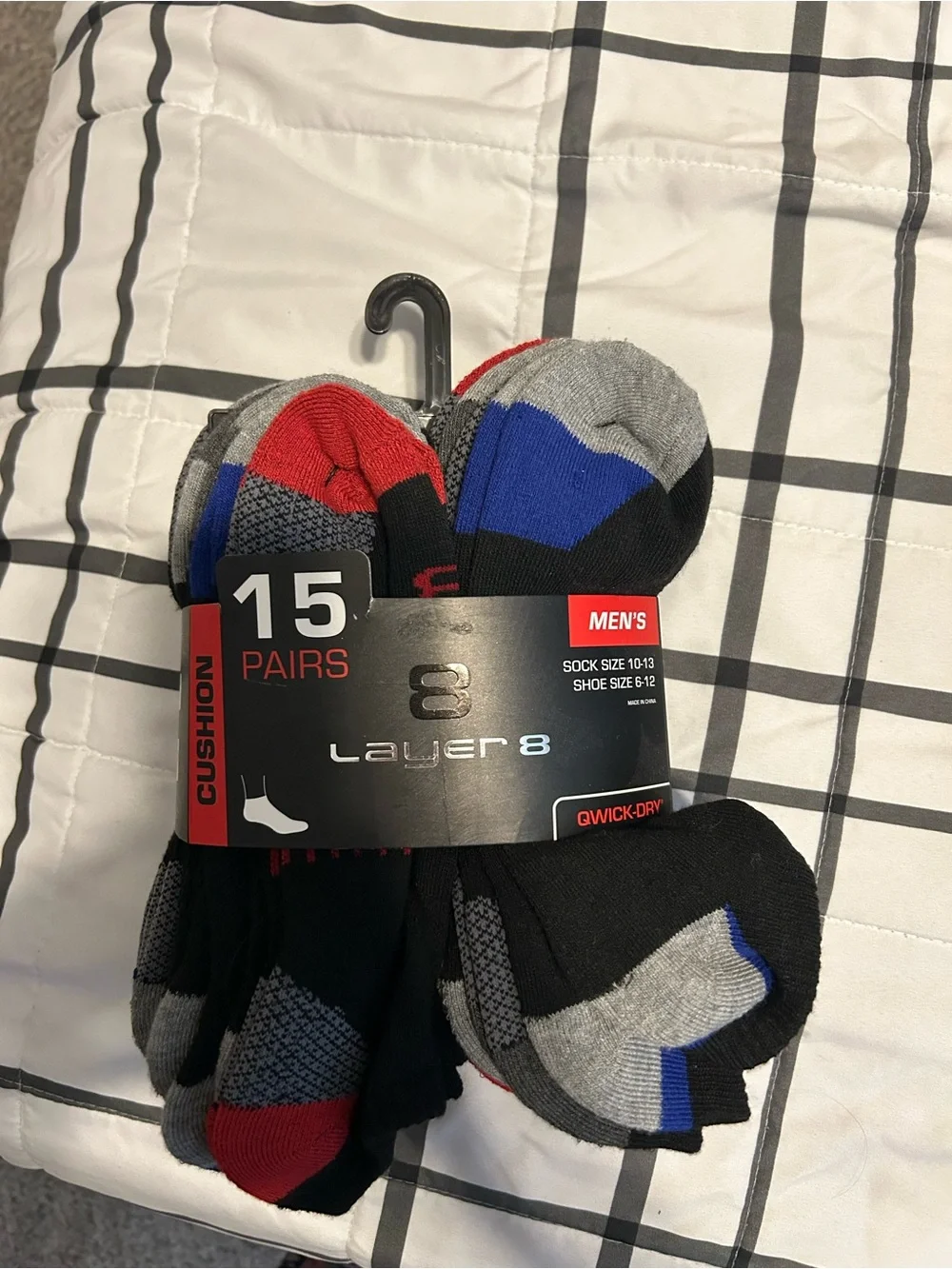 Layer 8 Men’s Cushion Ankle Socks – Black with Red & Blue Accents (15 Pairs)