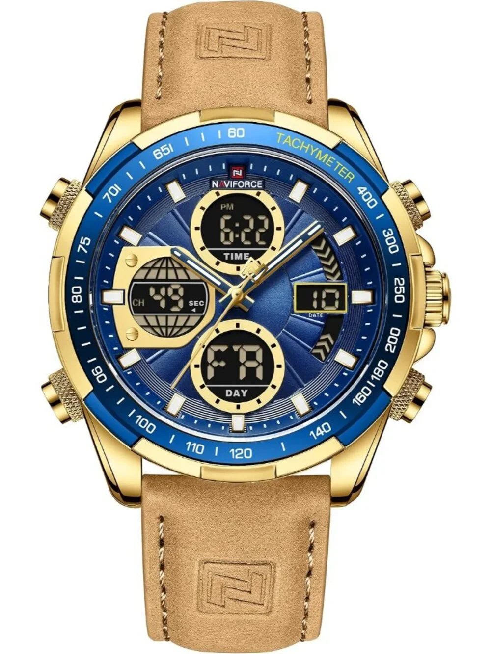 Men's Gold Blue Military Digital Analog Quartz Waterproof Leather Wrist Watch