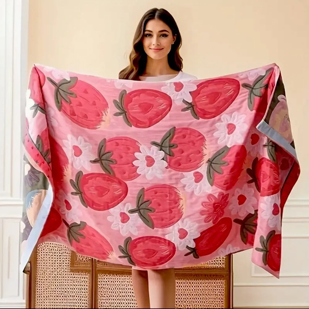 Strawberry Print Pink Towell Cotton Gauze 4 Layers Quick Dry