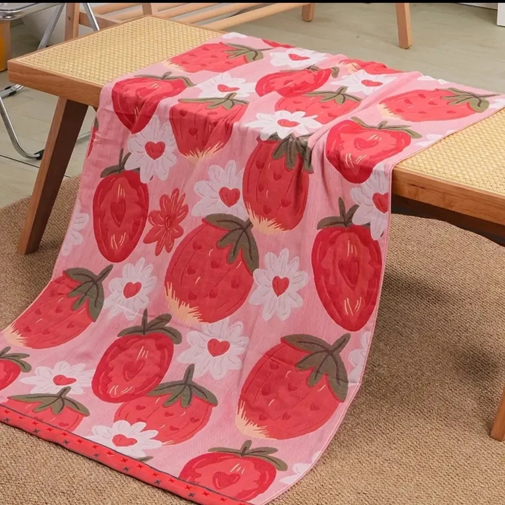 Strawberry Print Pink Towell Cotton Gauze 4 Layers Quick Dry