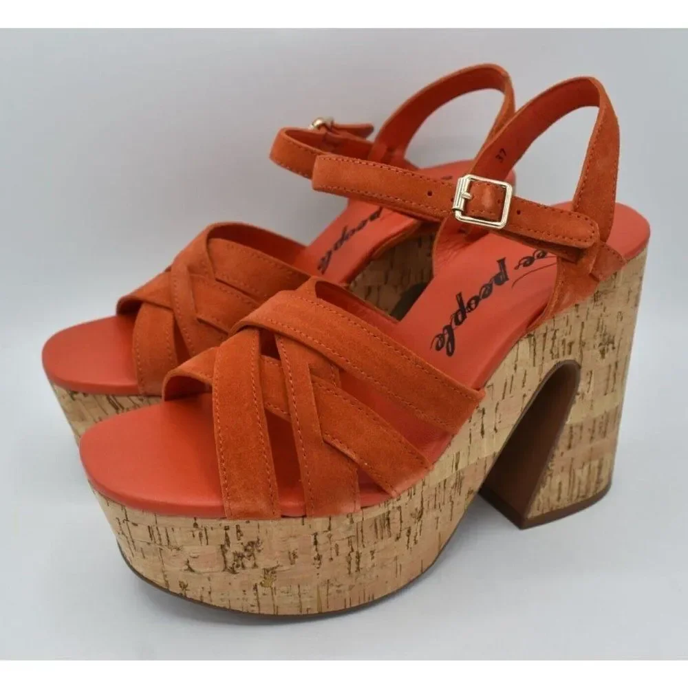 Free People Size EU 38 US 8 Lisbon Sunstar‎ Mary Jane Orange Platform Sandals