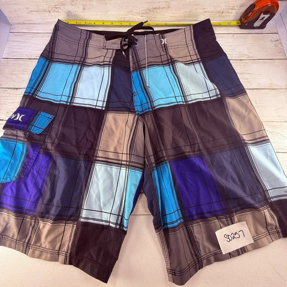 Hurley Phantom Board Shorts Mens 32 Blue Purple Plaid Cargo‎ Pocket Swim Trunks