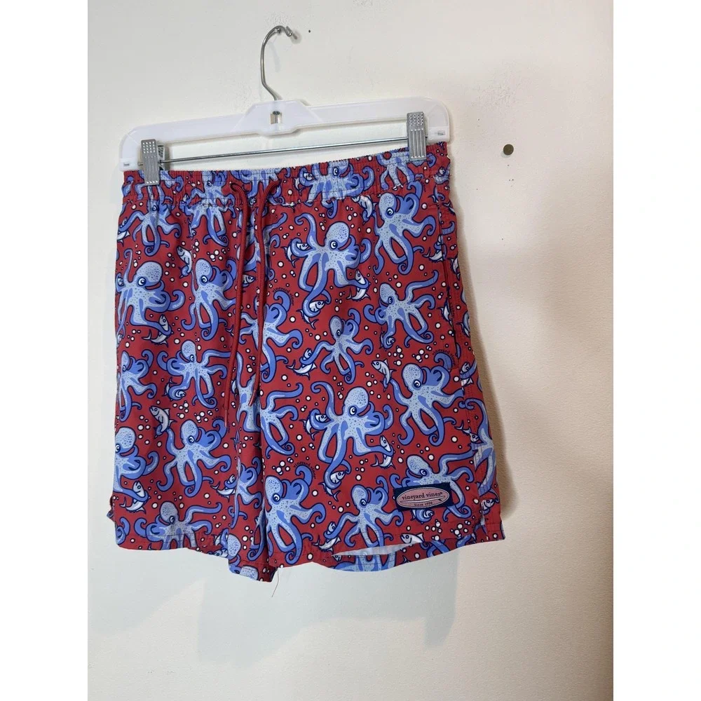 Vineyard Vines Swim‎ Trunks Shorts Mens XS Red Octopus Print Lined Drawstring