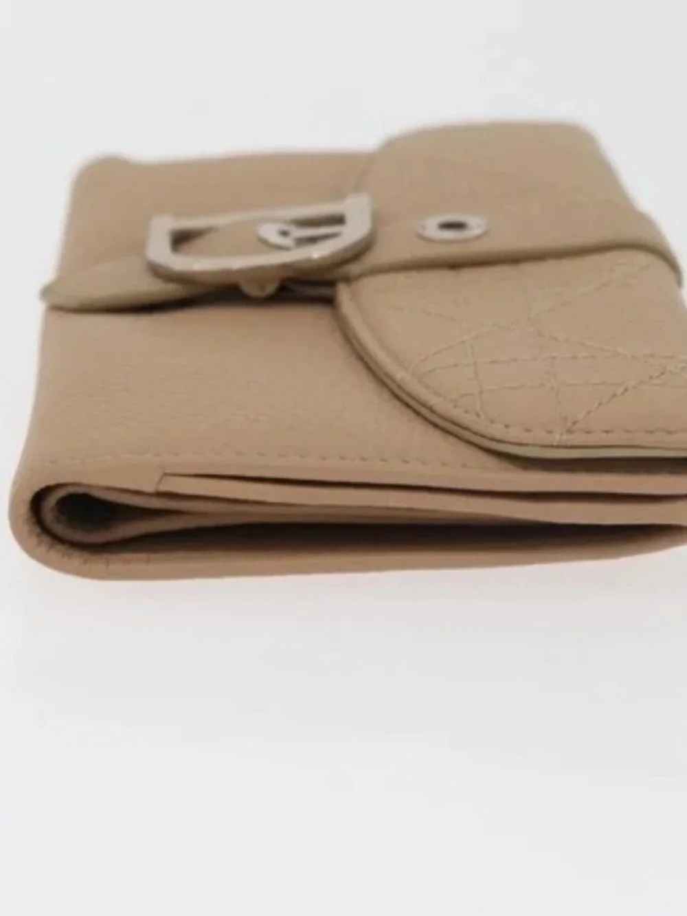 Christian Dior Bifold Wallet Leather Beige Silver Auth 181514