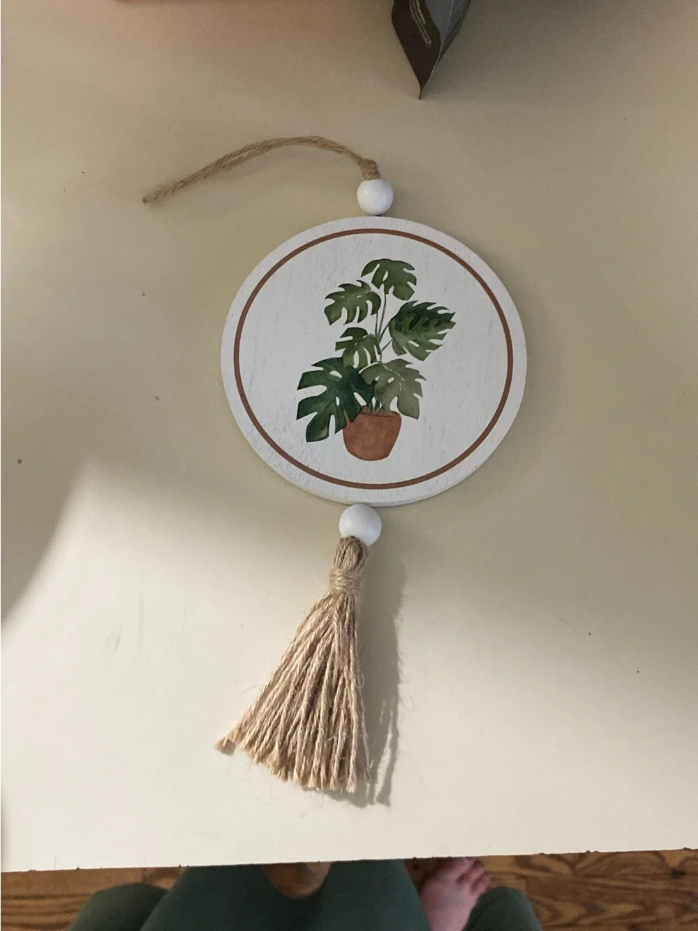 Neutral Wood Tassel Wall Hanging with Green Monstera Print