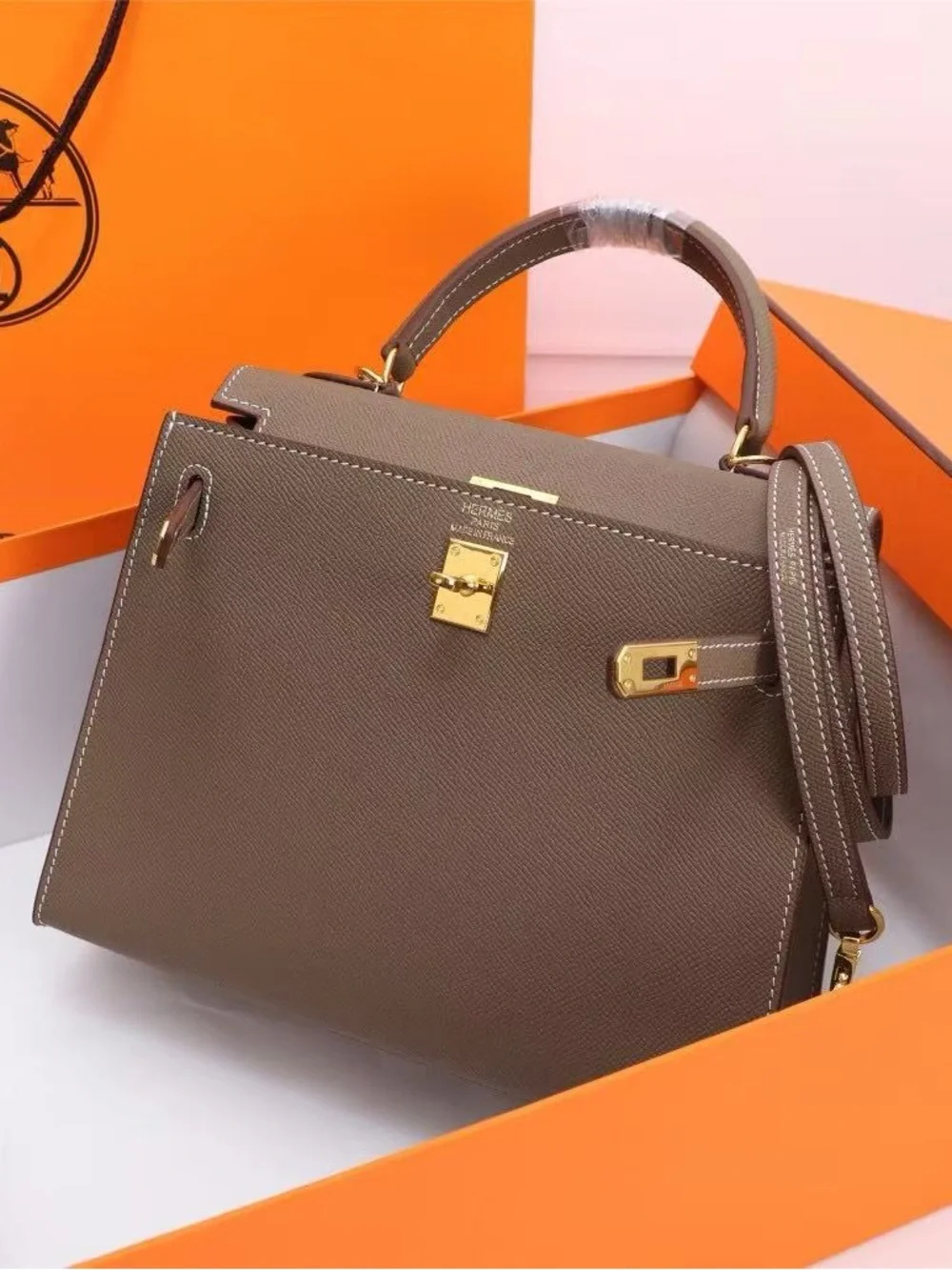 Structured Top-Handle Satchel in Taupe with Gold Hardware