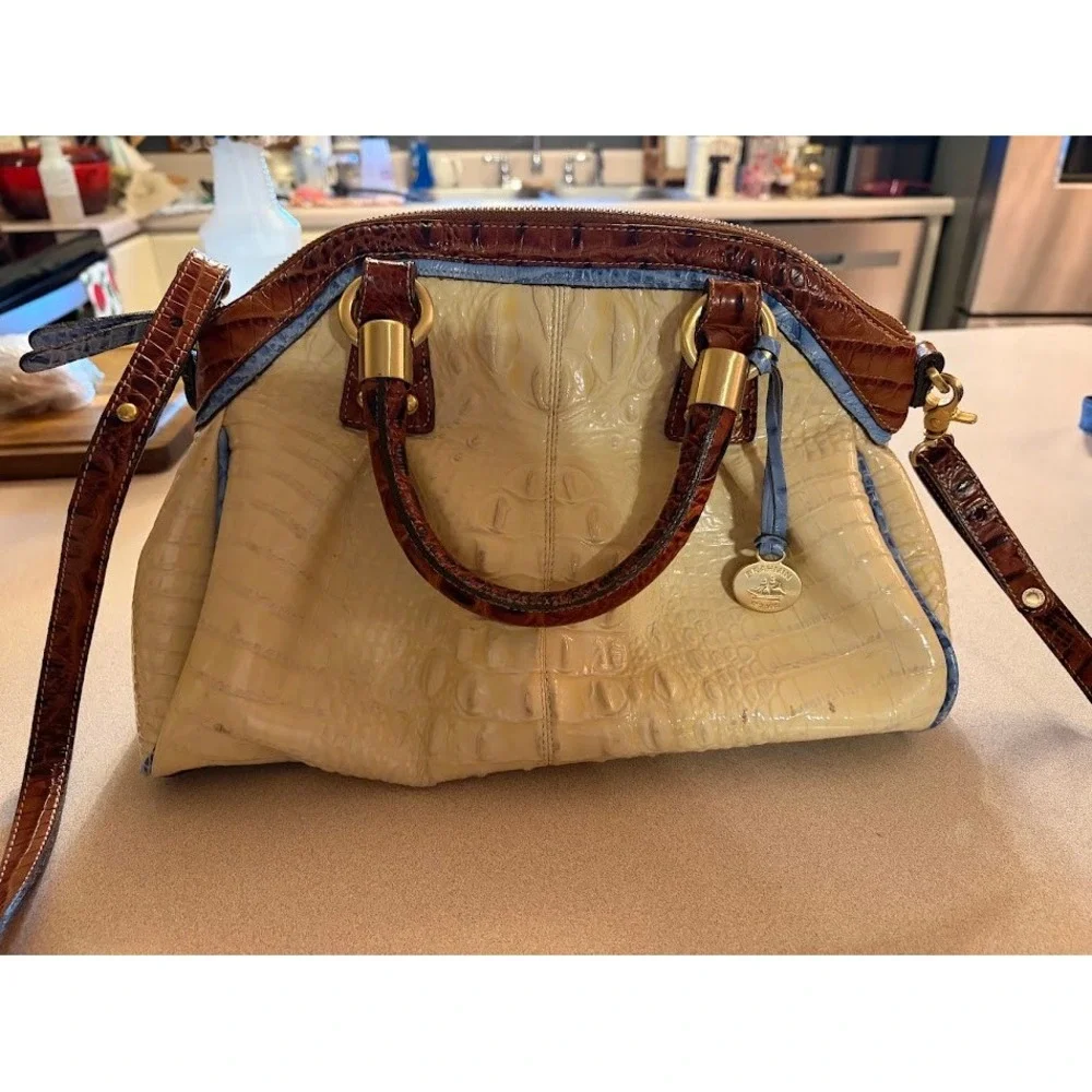 Brahmin Tri-Color Croc Embossed Leather Satchel Crossbody Bag Cream Brown Blue