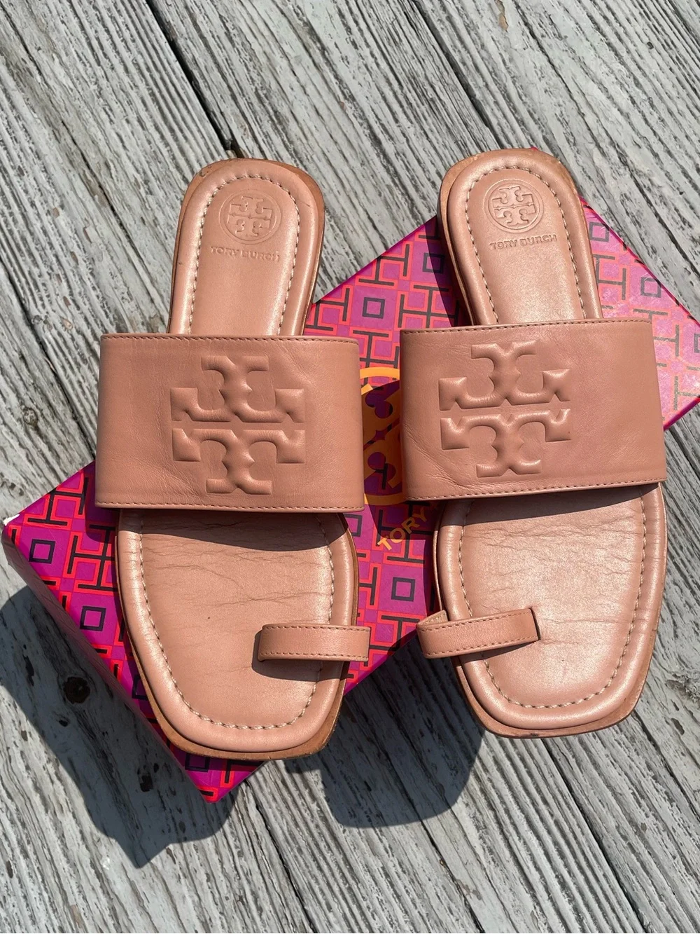 Tory Burch Peach Leather Toe-Loop Slide Sandals