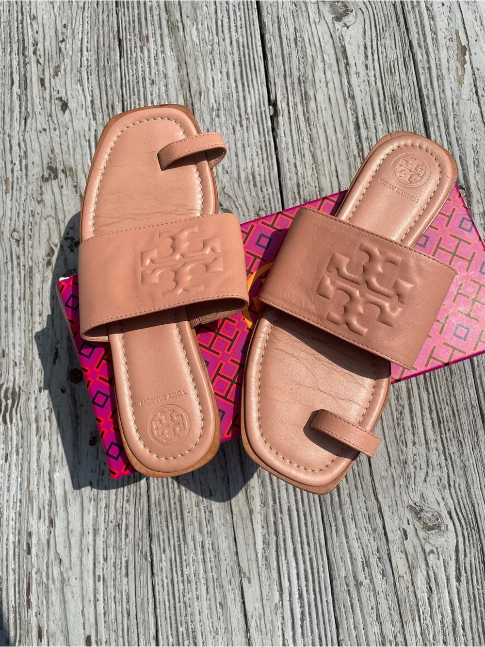 Tory Burch Peach Leather Toe-Loop Slide Sandals
