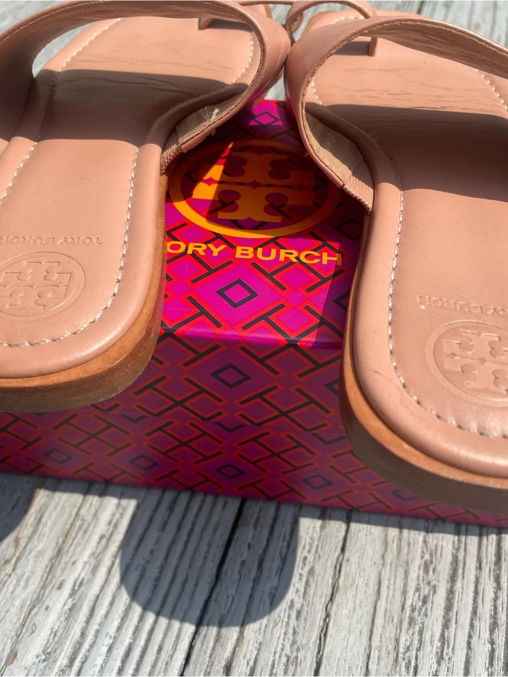 Tory Burch Peach Leather Toe-Loop Slide Sandals