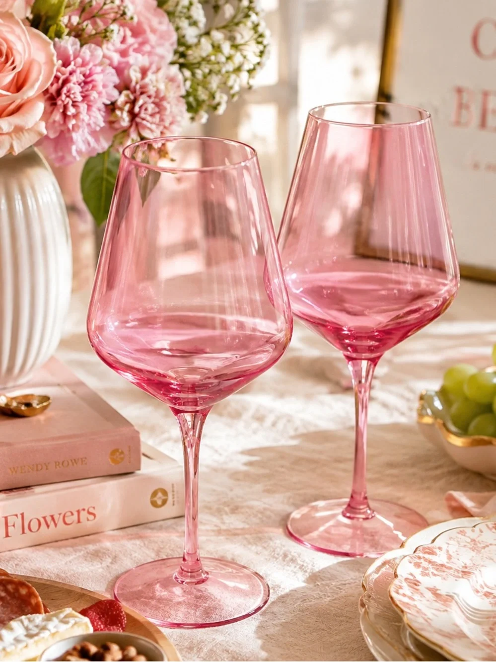 Pink Glass Wine Glasses-Set of 2 Stemmed Goblets Colorful Barware Retro