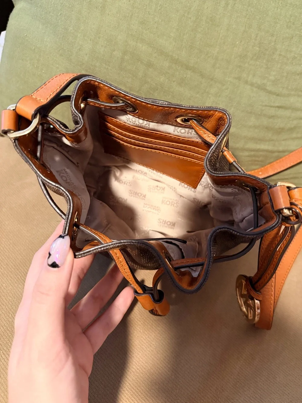 Michael Kors Brown Logo Drawstring Bucket Crossbody with Tan Trim