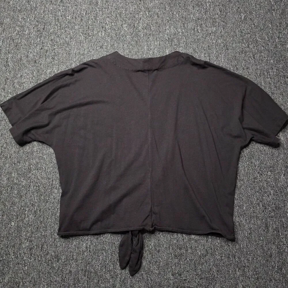 Michael Kors Womens L Crop Top Tie Front Shirt V-Neck Black Cotton Short Sleeve