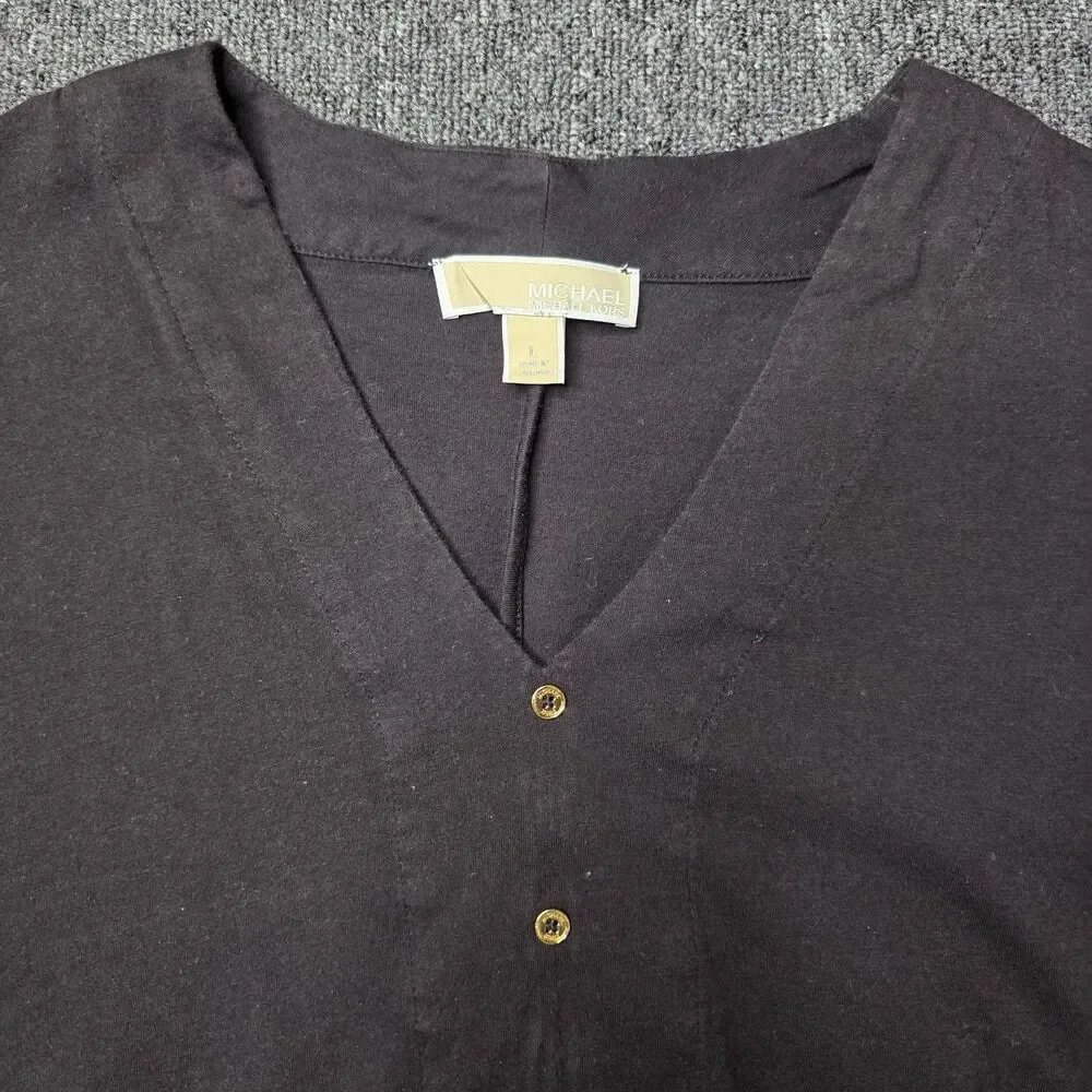 Michael Kors Womens L Crop Top Tie Front Shirt V-Neck Black Cotton Short Sleeve