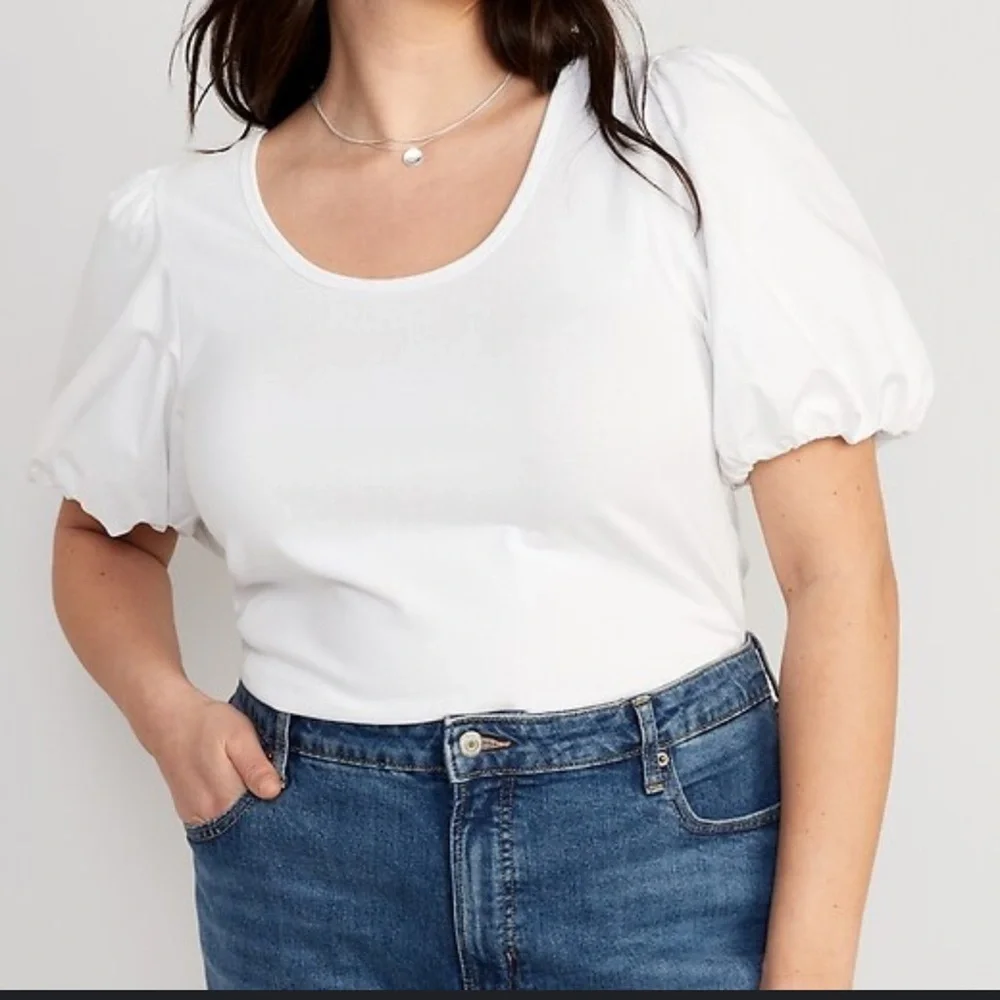 Old Navy Fitted Puff-Sleeve Paneled Rib-Knit white T-shirt Sz XXL‎