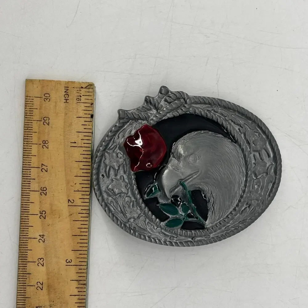 Eagle Belt Buckle Red Rose Enamel Western Americana Top Pewter