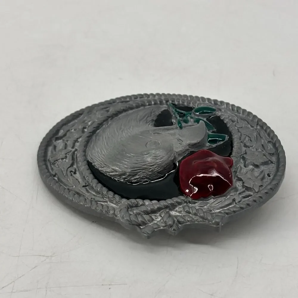 Eagle Belt Buckle Red Rose Enamel Western Americana Top Pewter