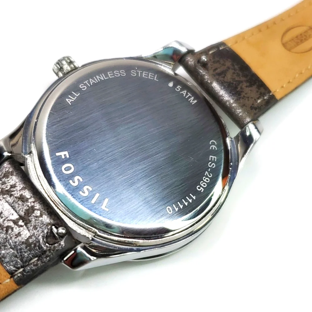 Fossil Watch ES2995 Silver Crystal Brown Leather Wristband White Face NWT