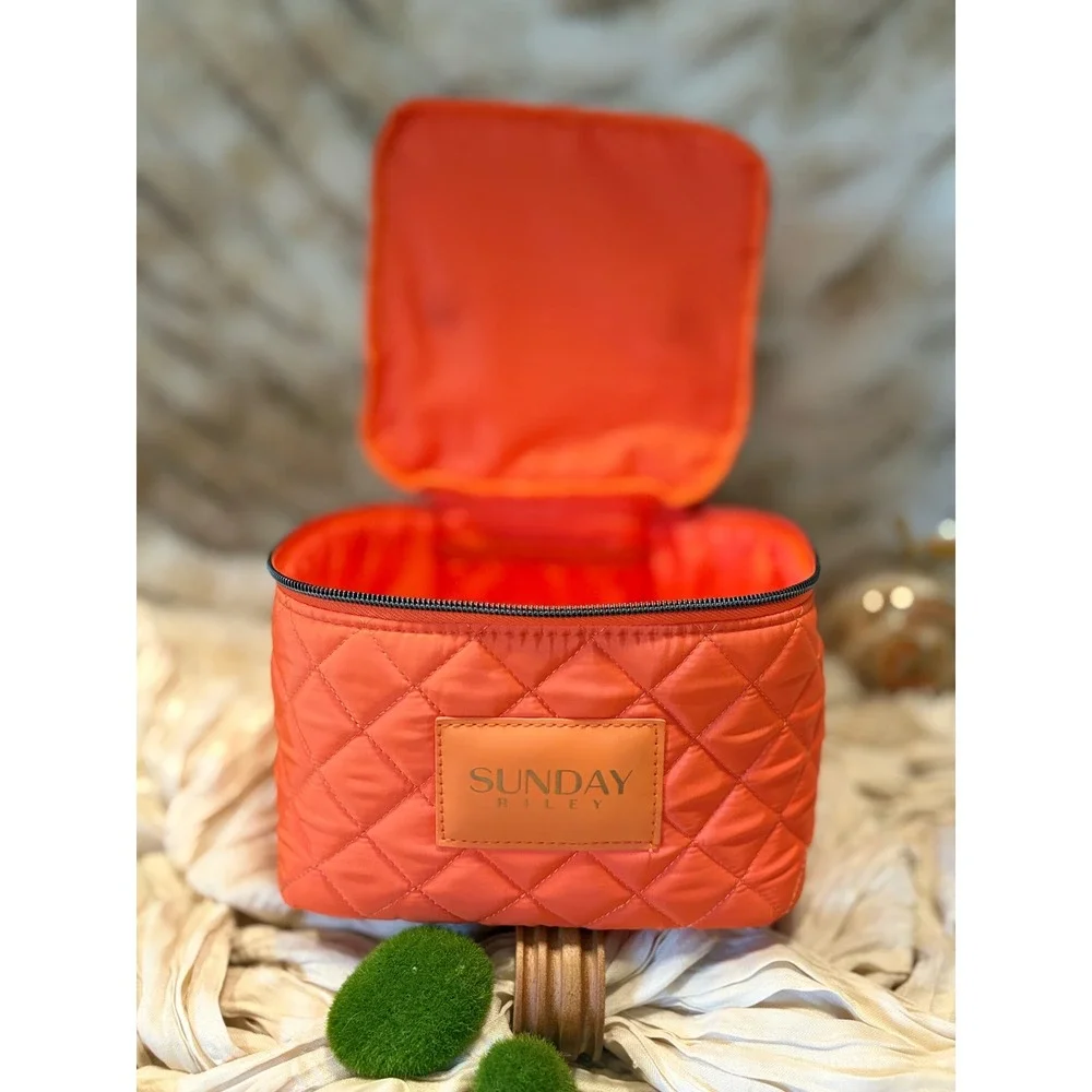 Sunday Riley Orange Quilted Nylon Travel Makeup Bag Vanity Case Zip Closure