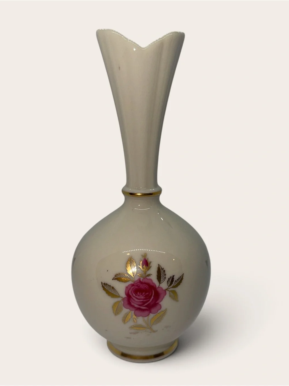 Lenox Cream Porcelain Bud Vase with Pink Rose and Gold Accents
