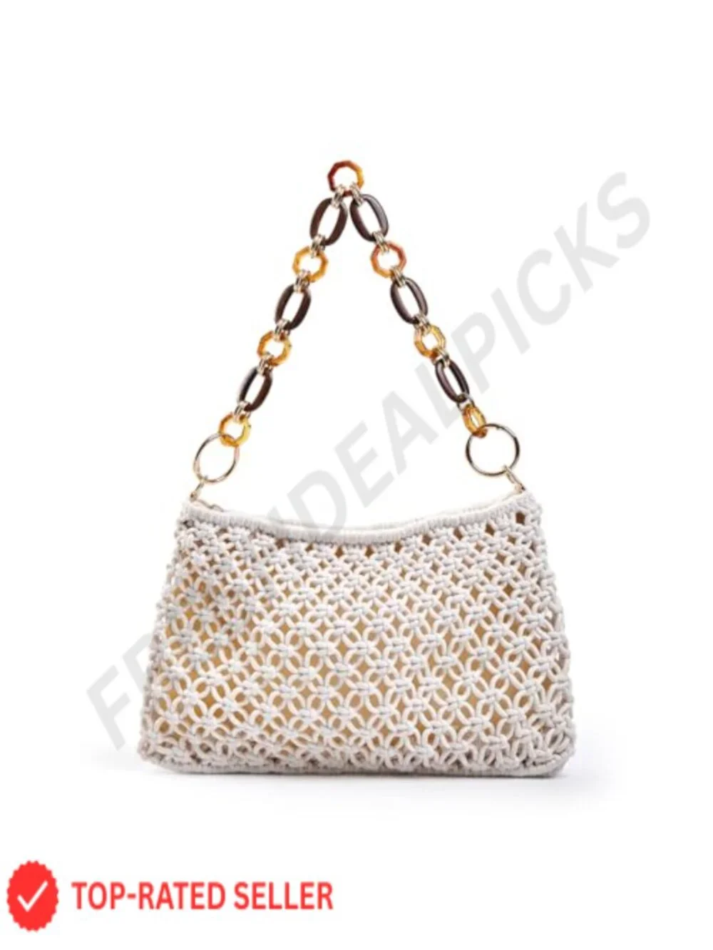 Handmade Crochet Beach Purse with Acrylic Chain Strap, Cotton Rope Bucket Bag