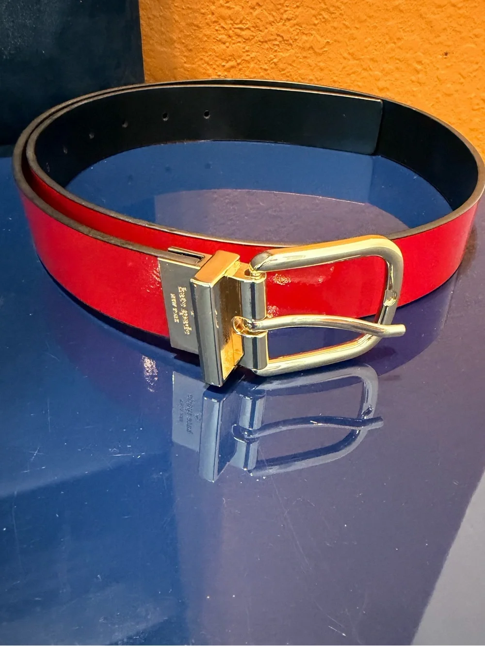 kate spade Red/Black Patent Leather Belt with Gold Buckle