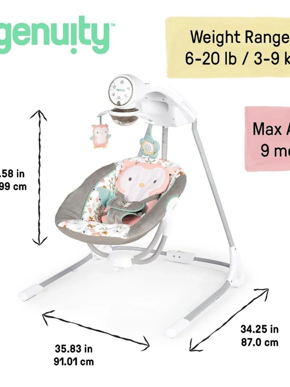 Baby Swing Gray Pink Rotating Seat 5 Speeds 20 Melodies