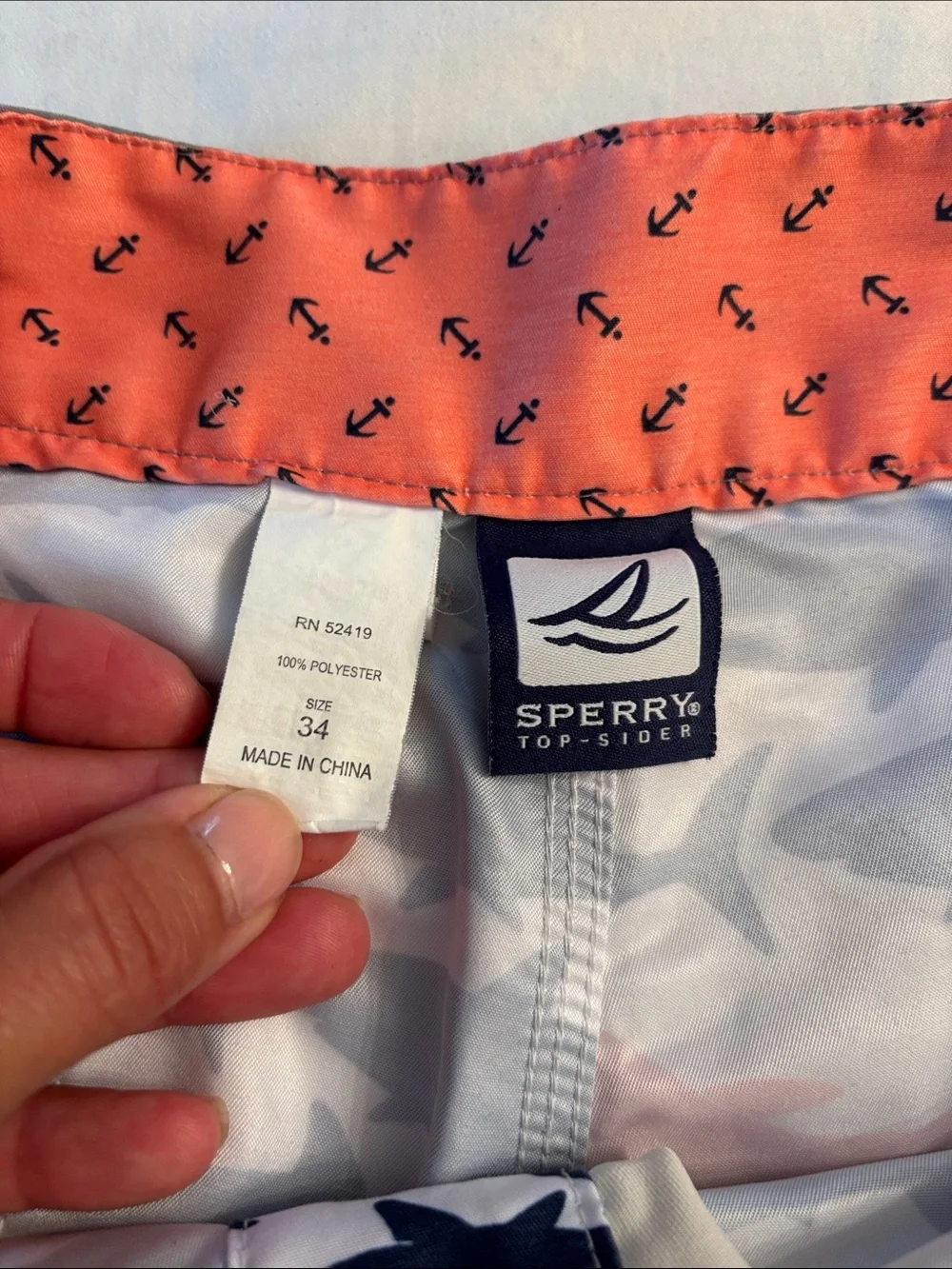 Sperry Men's Shark-Print Swim Trunks - Navy & Orange, size 34