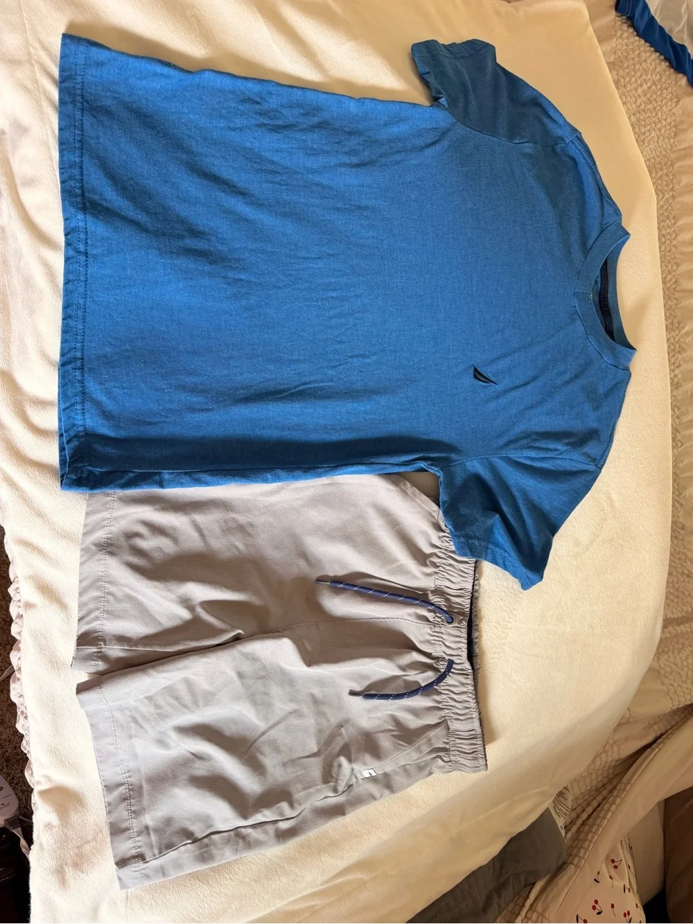 Tommy Bahama Shorts in Light Grey with Nautica blue tee shirt. Youth.
