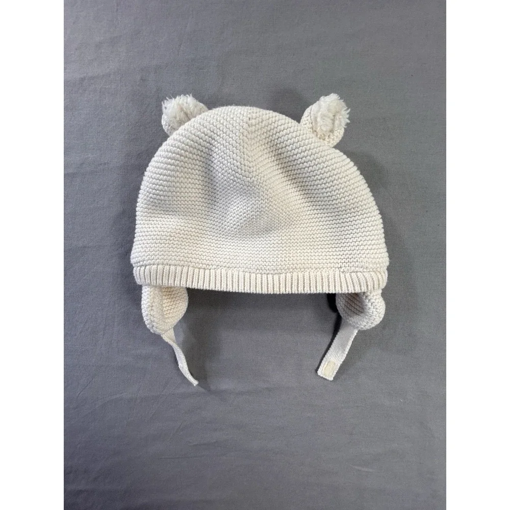 Gap Baby Bear Cotton Knit Beanie Sherpa Lining Baby 18-24 Months With Chin Strap