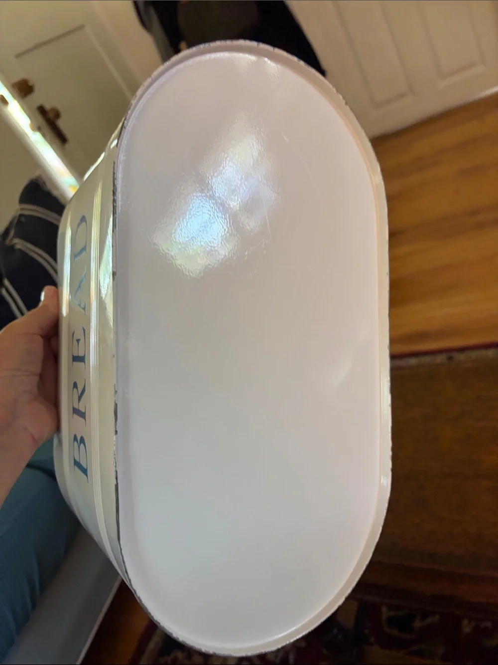 White Enamel Metal Bread Box with Blue Lettering