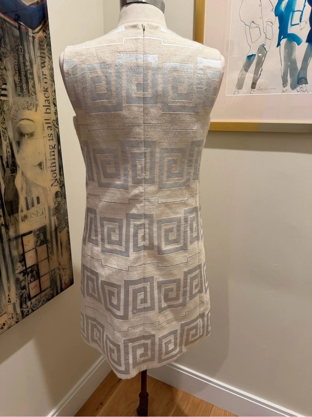 Tory Burch Cream Sleeveless Dress with Silver Greek Key Geometric Print