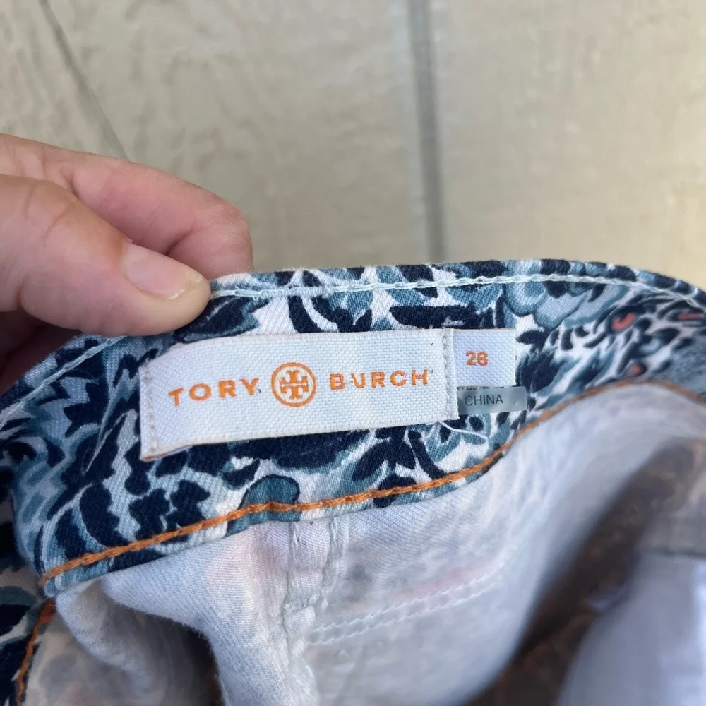 Tory Burch Emmy Ankle Skinny Jeans Blue‎ Lake Kyoto Floral Print Size 26