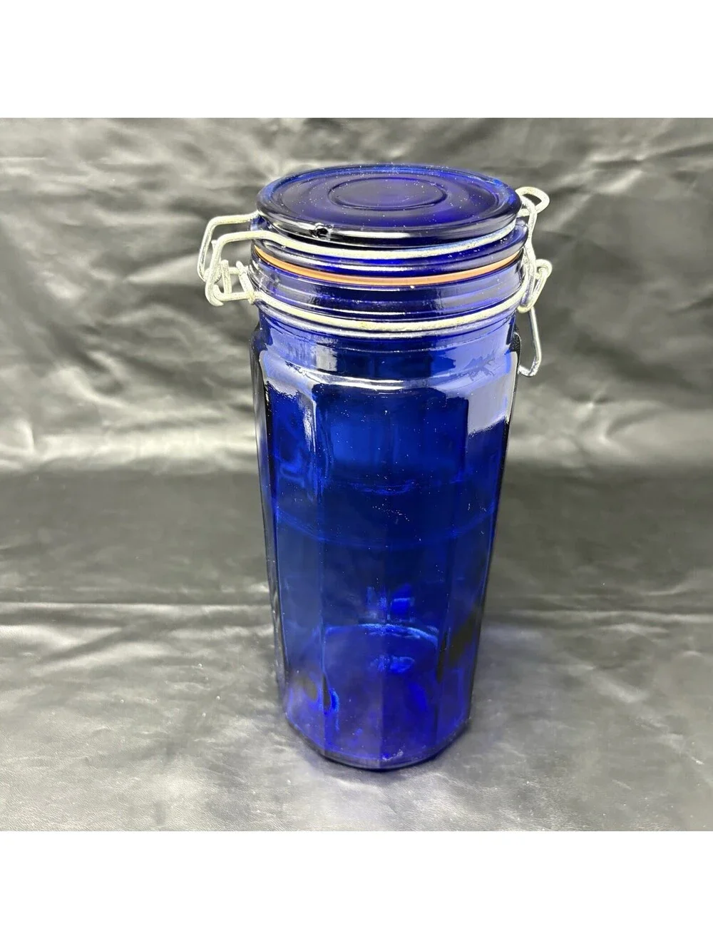 Cobalt Blue Jar Glass Storage Holder With Attached Wire Locking Lid 10” Tall
