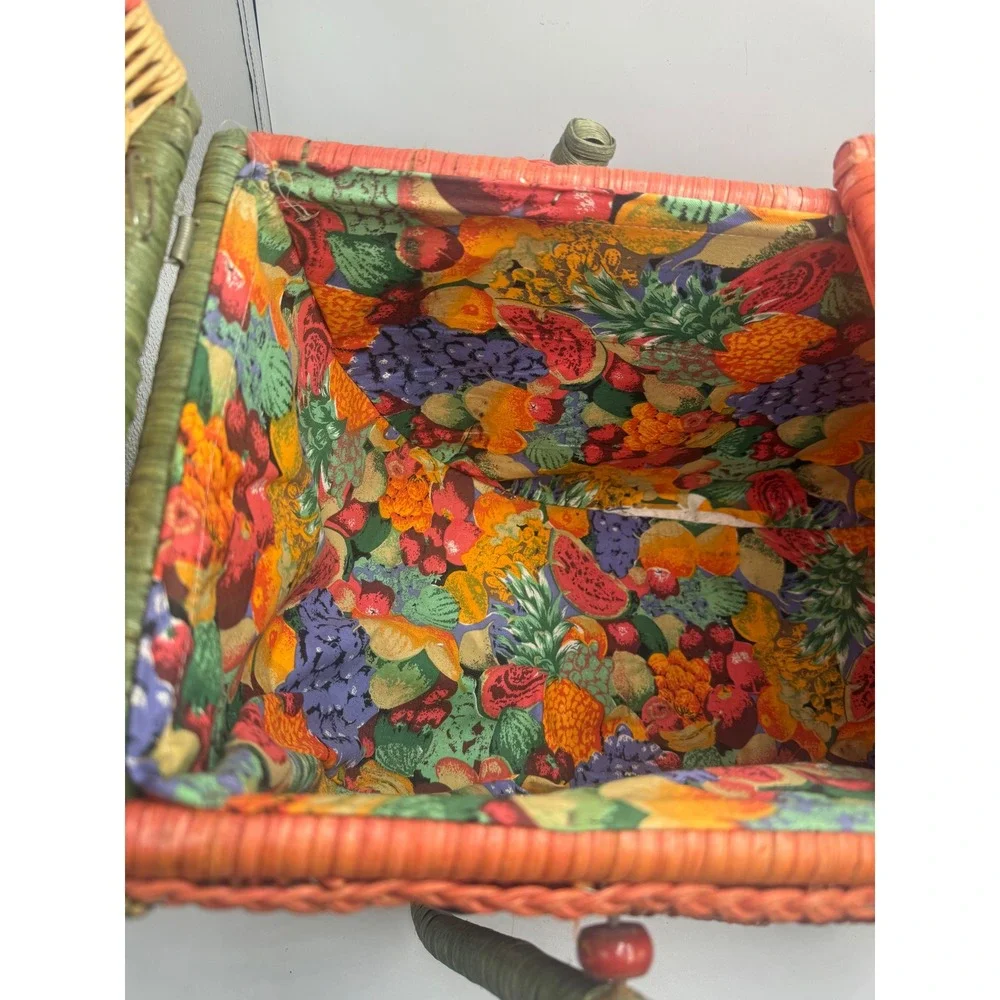 Vintage Wicker Watermelon Picnic Basket Fruit Print Lining Summer Tote Bag