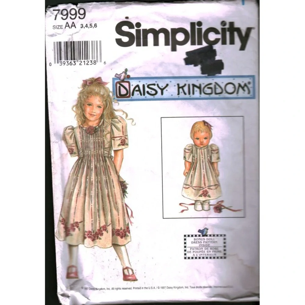 Simplicity 7999 Daisy Kingdom Girls Dress Matching 18 Doll Pattern Size 3-6 1997