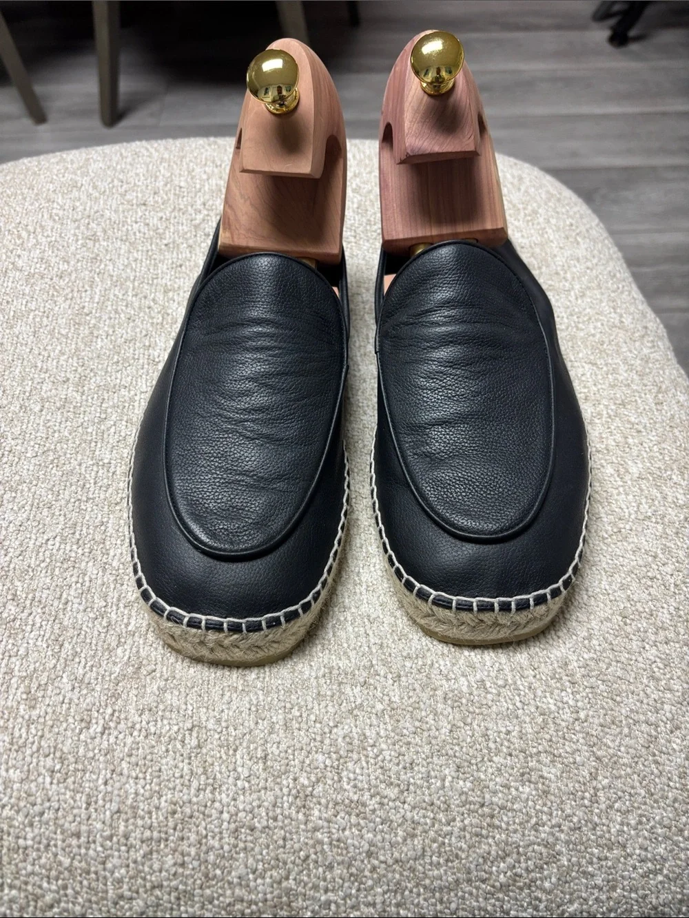 Jimmy Choo Black Leather Espadrille Loafers with Jute Trim