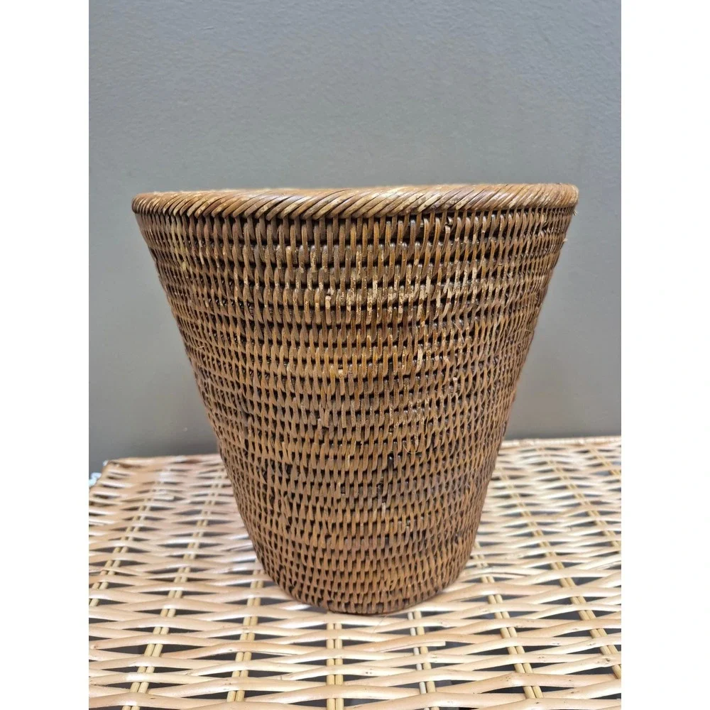 Vintage Handwoven Rattan Wicker Wastebasket 11