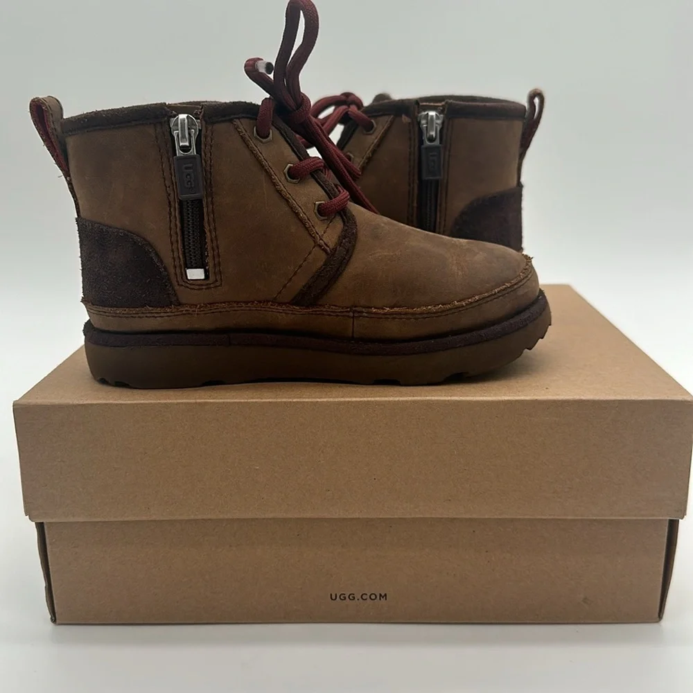 UGG Kids Brown Lace-Up Waterproof Boots with Burgundy Laces