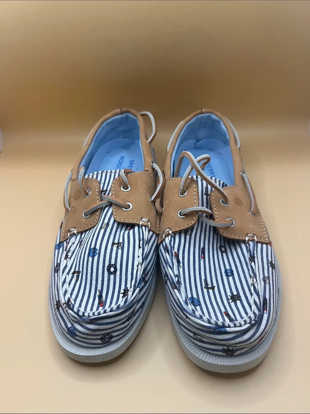 Sperry Kids Blue & White Striped Boat Moccasins with Tan Trim