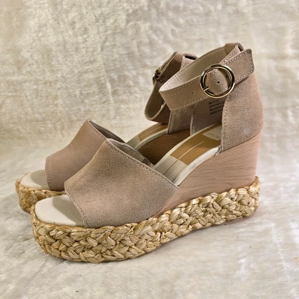 Dolce Vita Oits Wedge Platform Sandals Tan Nude Suede Espadrille Women 9 NEW