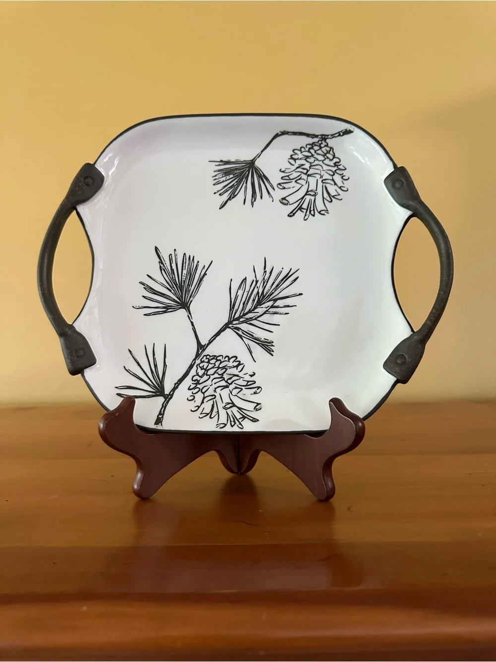 Mud Pie White Ceramic Tray with Black Pinecone Illustration and Iron Handles