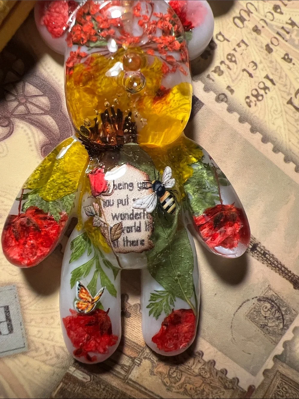 Handmade Yellow Floral Bear Keychain, backpack or purse charm