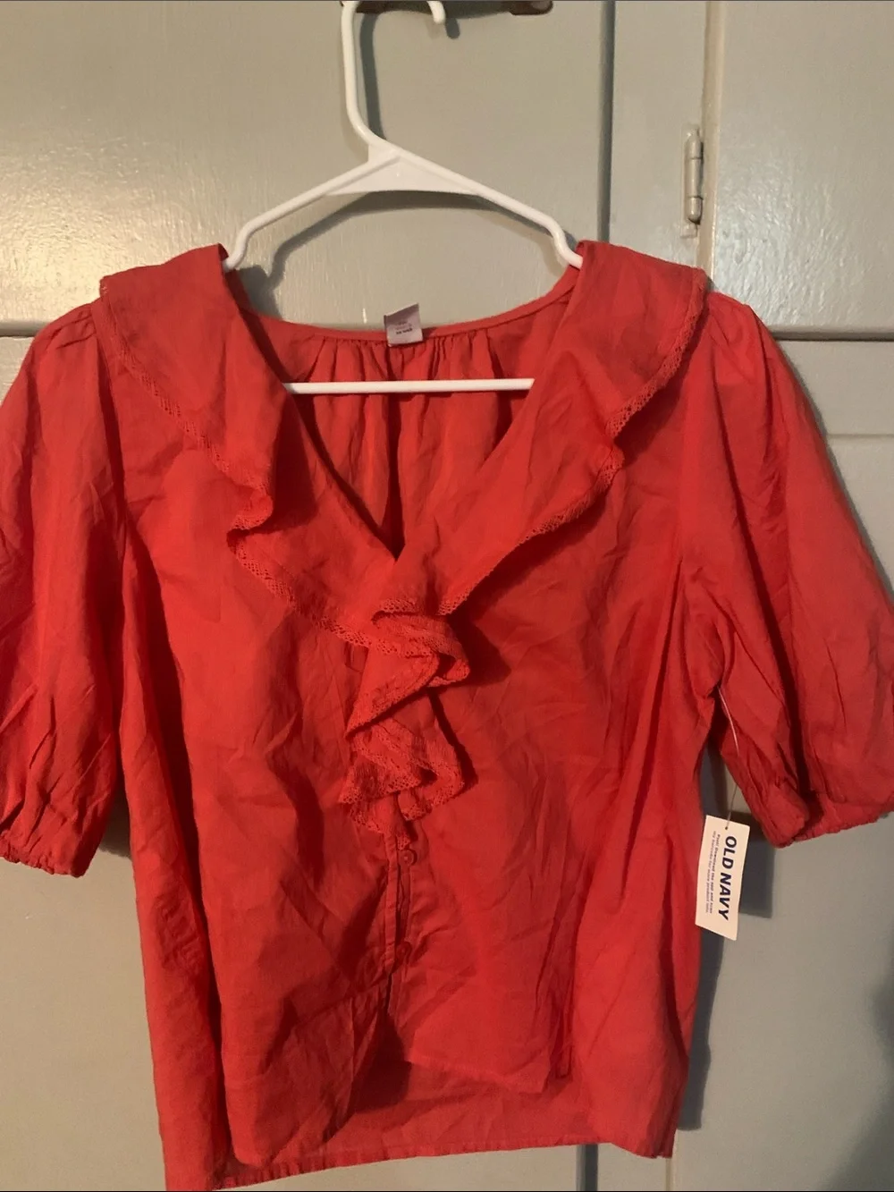 Old Navy Coral Red Ruffle V-Neck Blouse