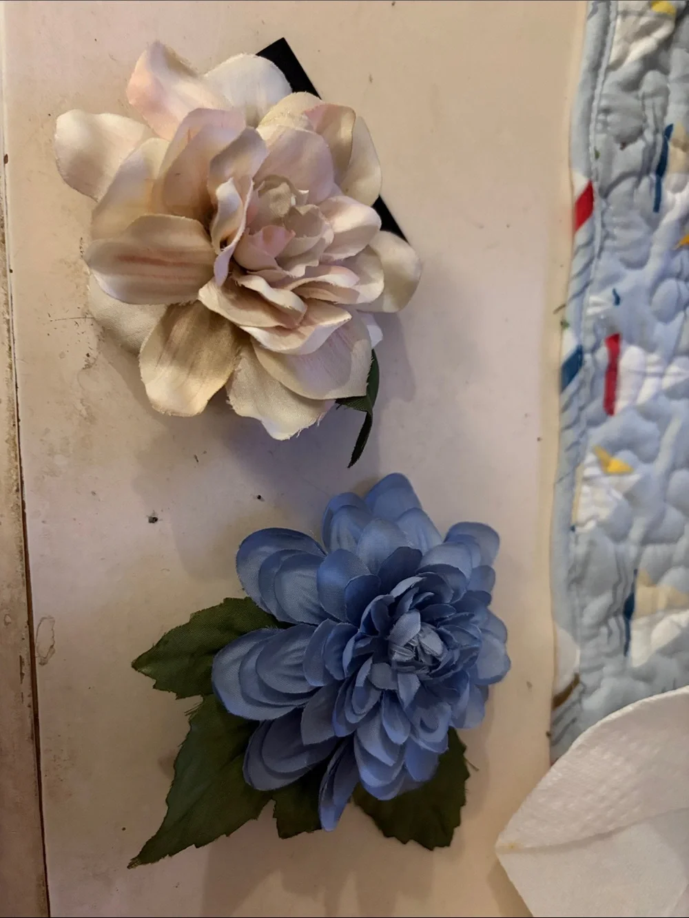 Fabric Flower Brooch Set - Blue and Cream Floral Pins