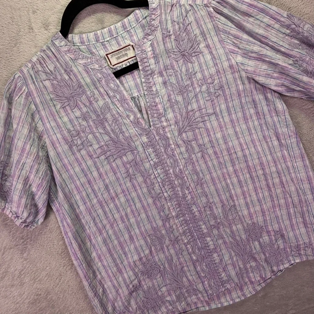 Johnny Was Womens Blouse Sz XS Purple Plaid Embroidered Hummingbird Puff Sleeve