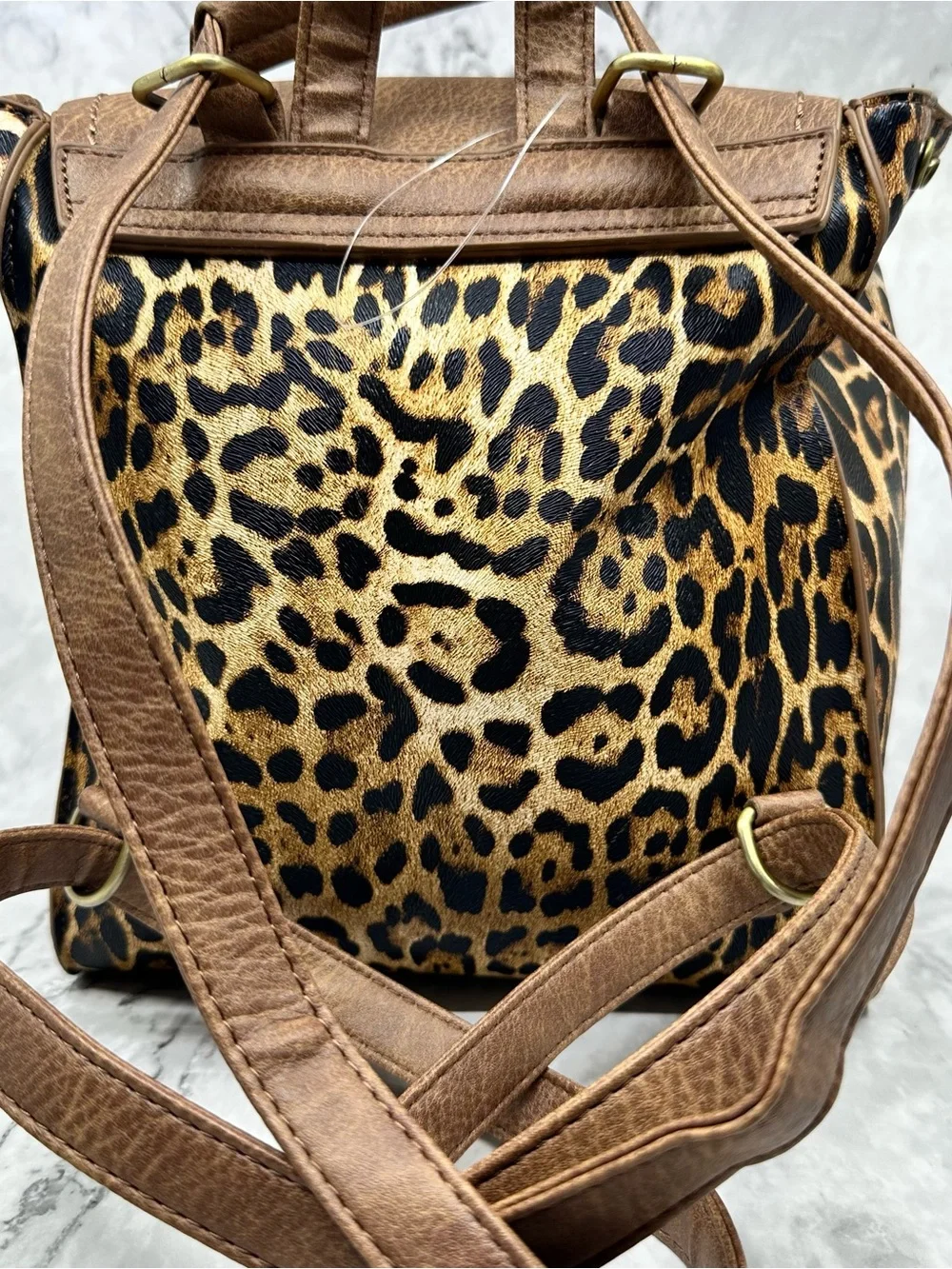 Brown Leopard Print Mini Backpack with Monogram Accent