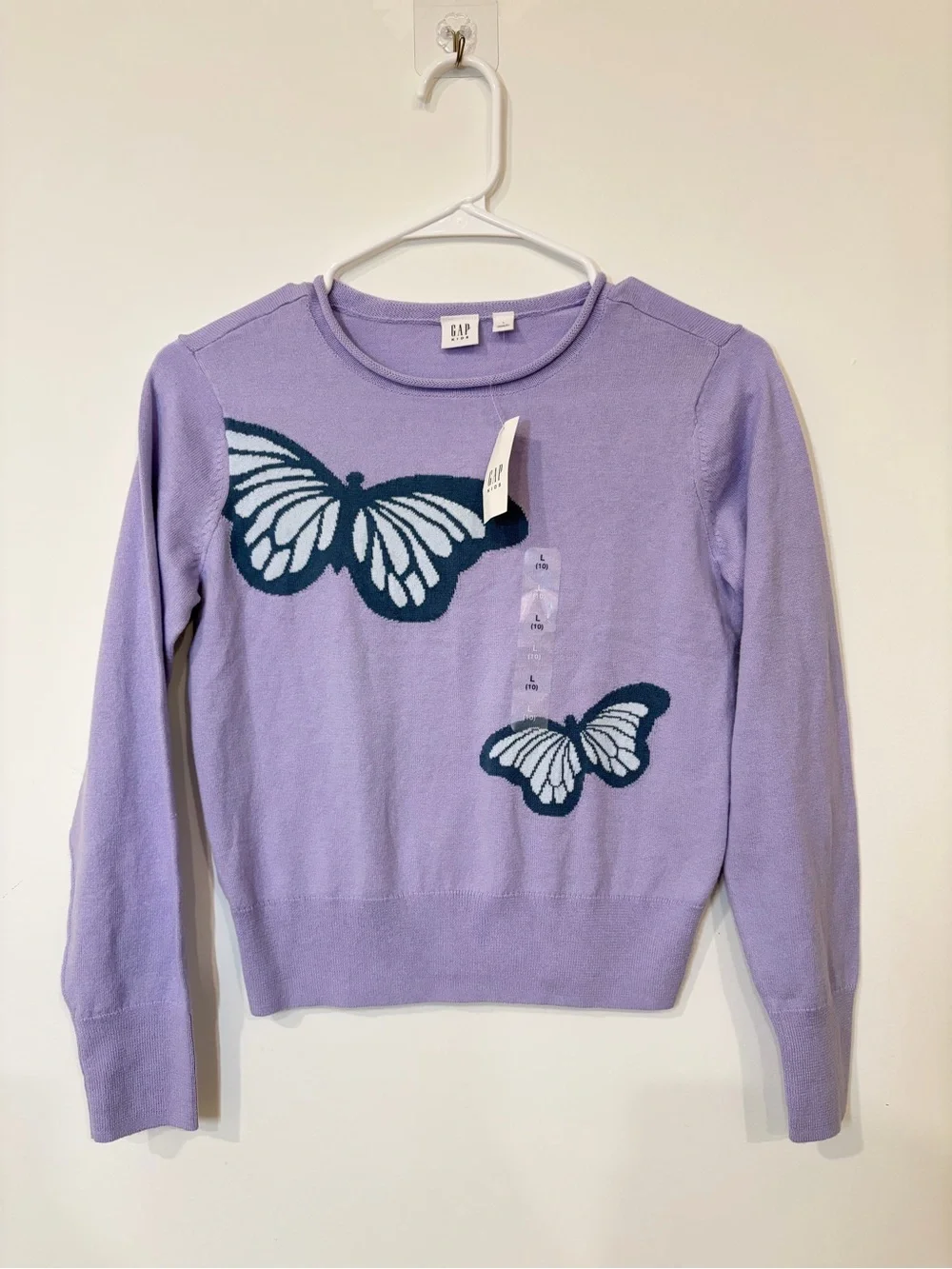 GAP Lilac Crewneck Sweater with Navy & White Butterfly Motifs