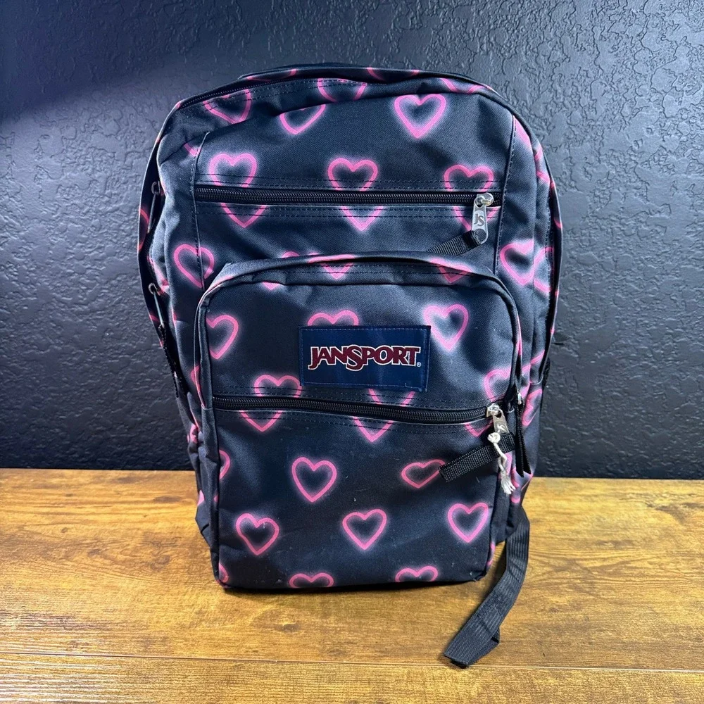 JanSport Big Student JS0A47JK Black Pink Heart Polyester Backpack Unisex OS