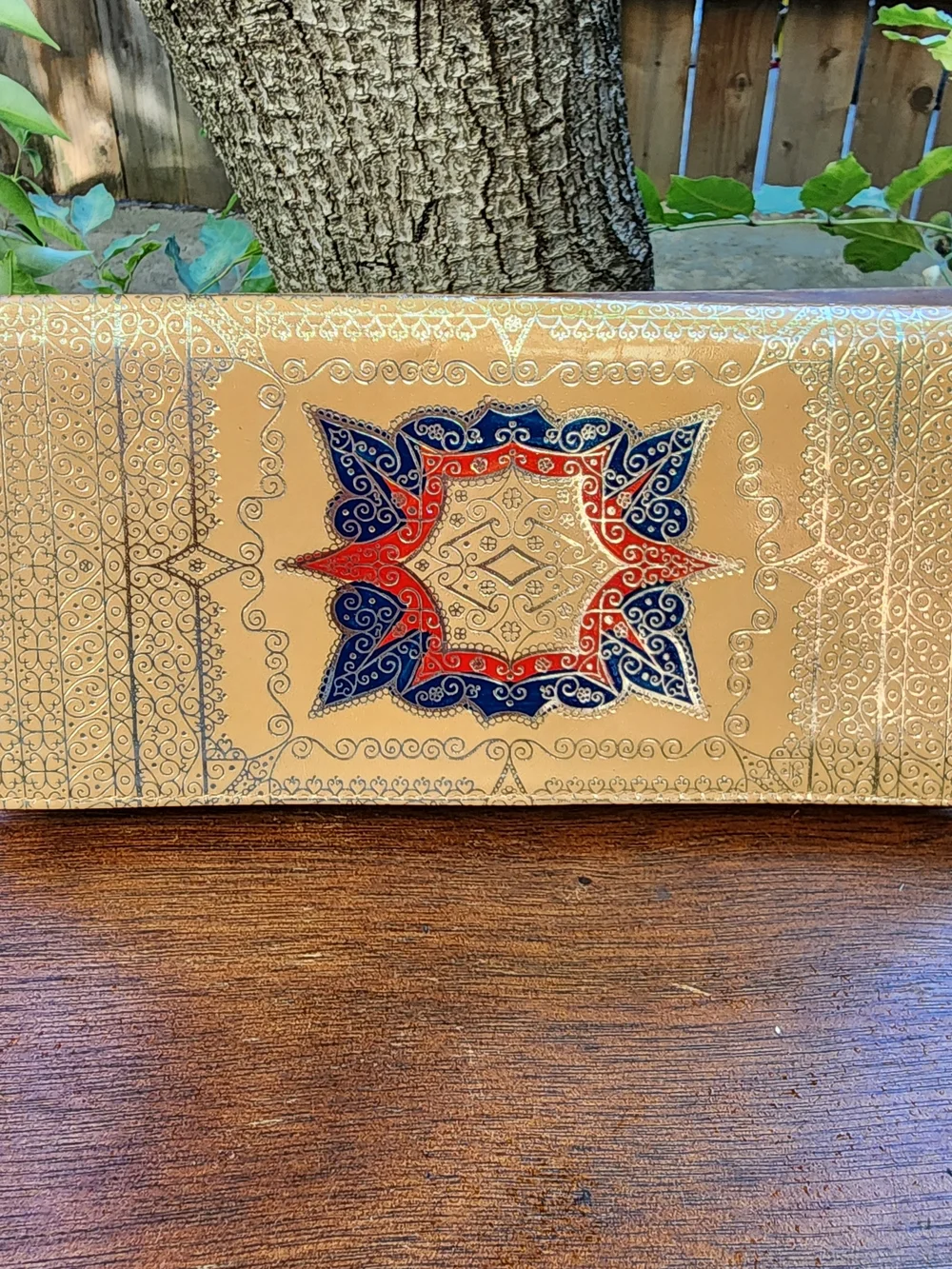 Vintage Tooled Gold Leather Envelope Clutch Bohemian Geometric Shamsa Medallion